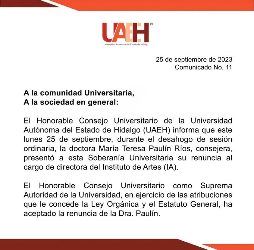 Acepta el Consejo Universitario  la Renuncia de María Teresa Paulín  como Directora del Instituto de Artes de la UAEH