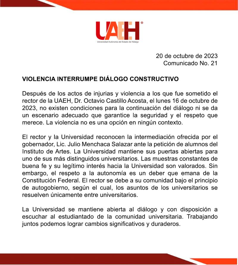 La Universidad Autónoma del Estado de Hidalgo Justifico Su Rechazo a la Mediación del Gobernador Julio Menchaca.