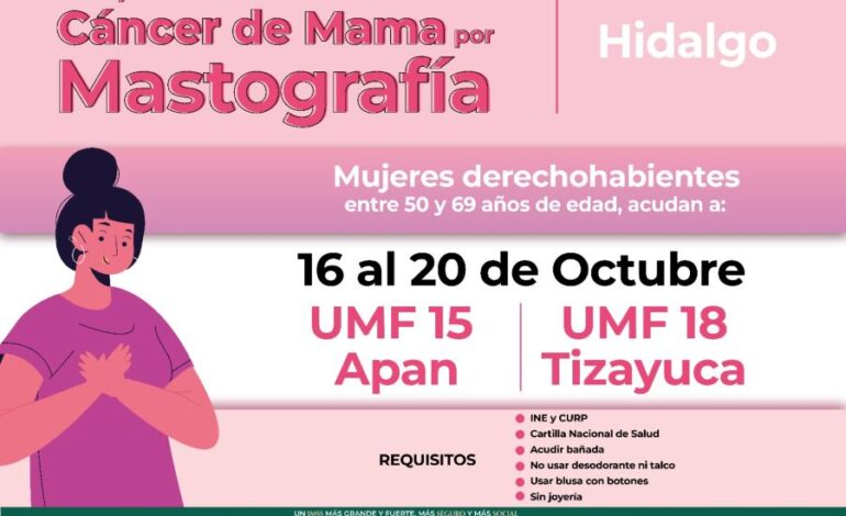 Lleva a cabo IMSS Hidalgo Mastografías en Apan y Tizayuca por Campaña “Octubre Rosa”