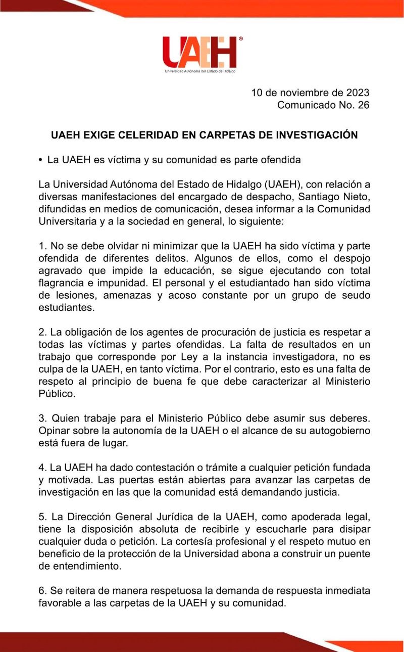 La UAEH Exige a Santiago Nieto “Respete a las Partes Ofendidas en el Caso de los Paristas  del Instituto de Artes