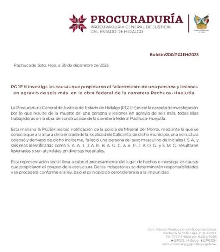 PGJEH Investiga Las Causas Que Propiciaron el Fallecimiento de Una Persona y Lesiones en Agravio de Seis Más, en la Obra Federal de la Carretera Pachuca-Huejutla
