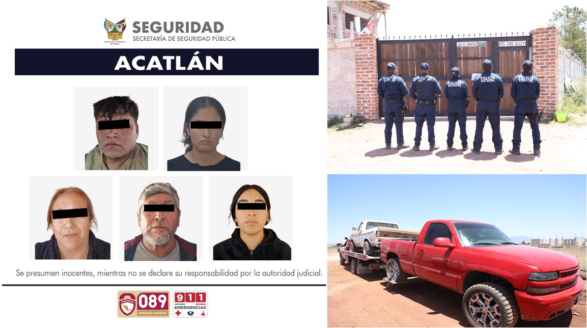 SSPEH en Cateo Detiene a Cinco Personas, Asegura Siete Vehículos y Narcóticos en Acatlán