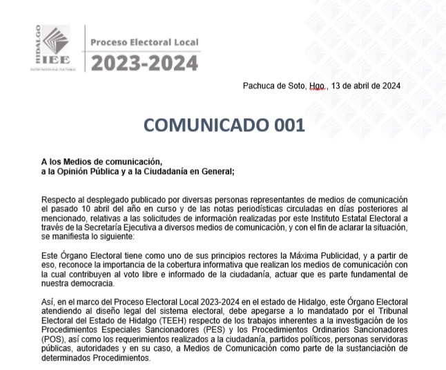 Aclara el “IEEH no ha Solicitado de Ninguna Forma Modificación o Alteración de Nota Periodística o Línea Editorial Alguna, Ni Mucho Menos La Limitación del Ejercicio Periodístico”.