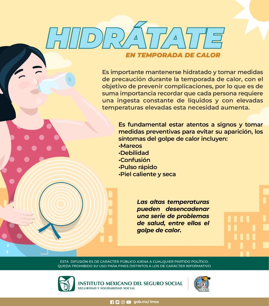 Recomienda IMSS Hidalgo mantener una hidratación constante y protegerse del calor en temporada