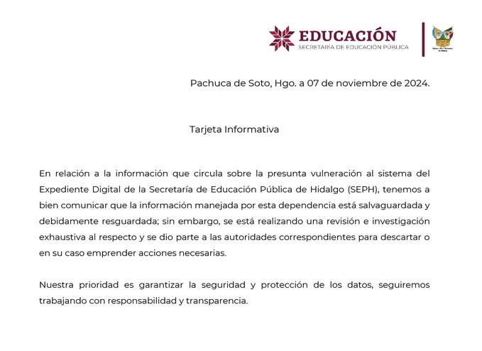 SEP Hidalgo Aclara sobre el Presunto Hackeo a Expediente Digital