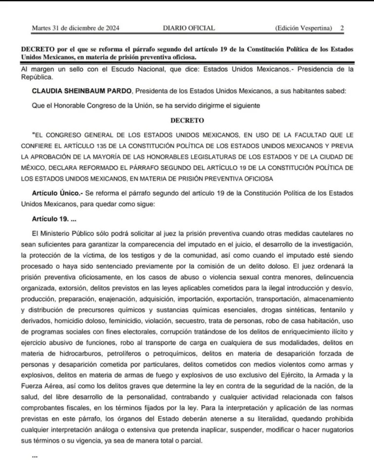 Publica el Diario Oficial de la Federación, Decreto de Prisión Preventiva Oficiosa