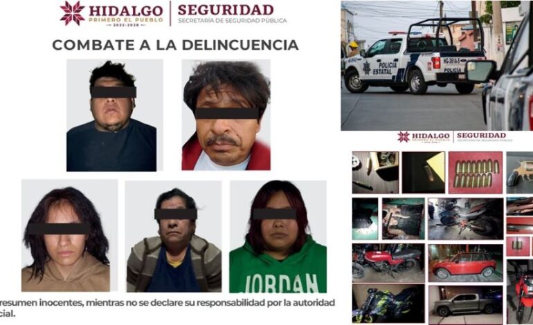 SSPH Aseguró Más de Mil 500 Dosis de Droga, Arma Corta, Cartuchos Útiles, Chalecos Tácticos, Celulares, Seis Vehículos y Cinco Presuntos Responsables.