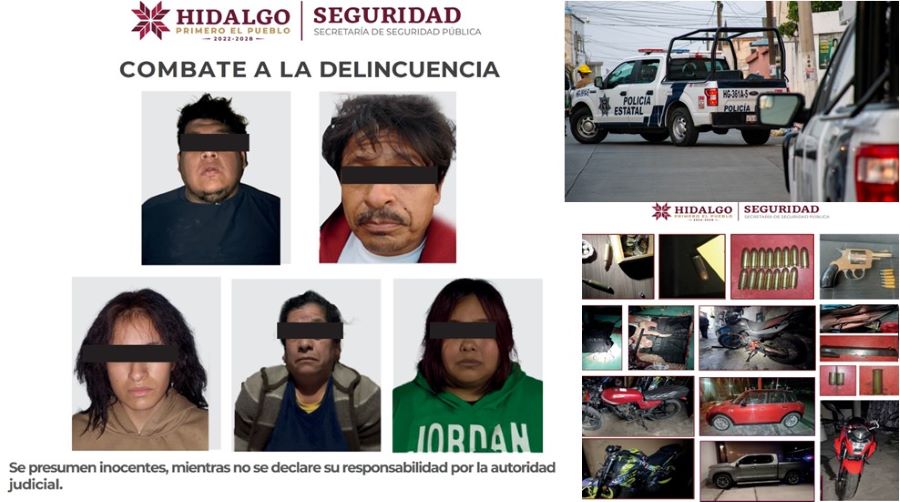 SSPH Aseguró Más de Mil 500 Dosis de Droga, Arma Corta, Cartuchos Útiles, Chalecos Tácticos, Celulares, Seis Vehículos y Cinco Presuntos Responsables.