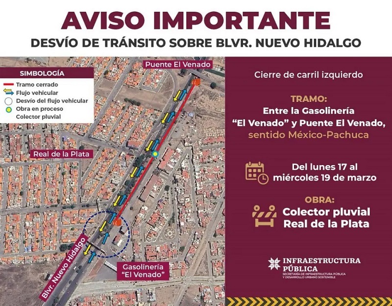 Cierre al Boulevard Nuevo Hidalgo por construcción del drenaje pluvial en la colonia Real de la Plata en los límites de Pachuca y Mineral de la Reforma