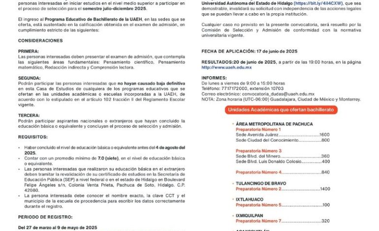 UAEH Abre Convocatoria Para Ingresar a Bachillerato Durante el Semestre Julio-Diciembre 2025