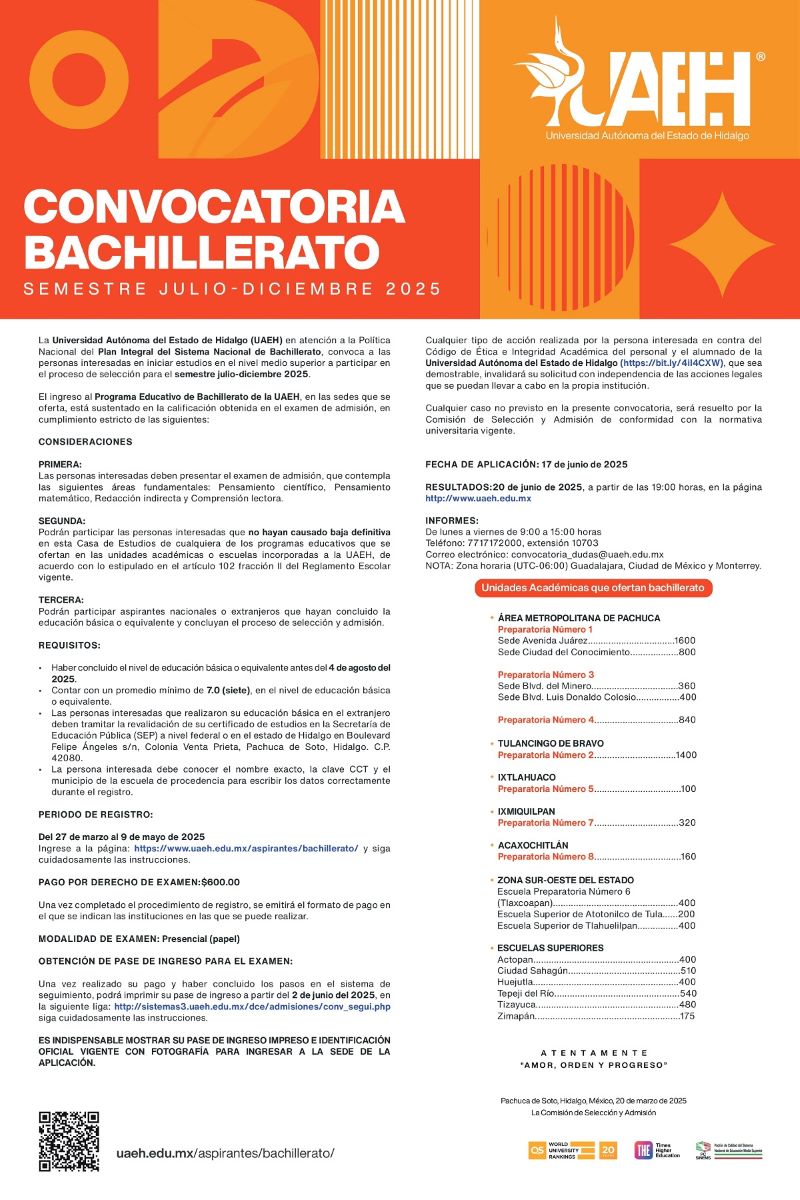 UAEH Abre Convocatoria Para Ingresar a Bachillerato Durante el Semestre Julio-Diciembre 2025
