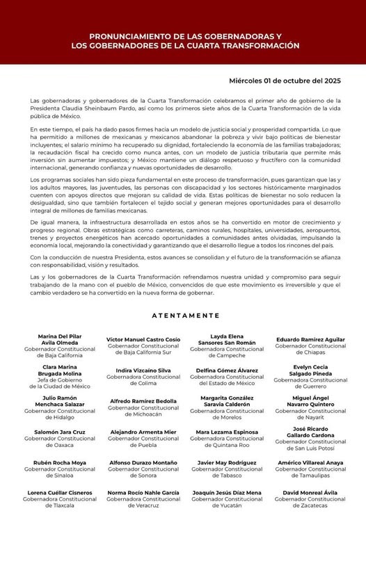 Gobernadores Celebran el Primer Año de Gobierno de la Presidenta Claudia Sheinbaum