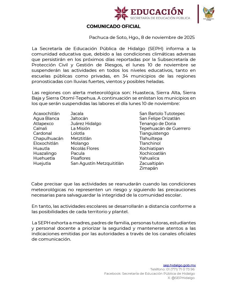 SEPH Suspende Clases este Lunes 10 de Noviembre Debido al Pronóstico del Clima Para Las Próximas 48 Horas