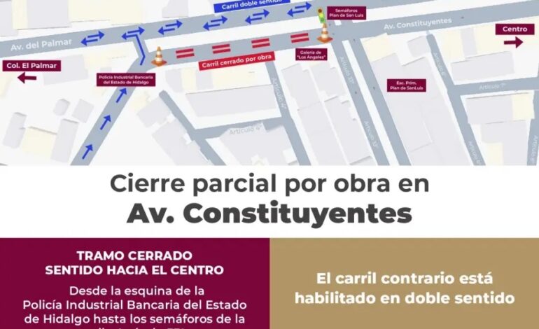Anuncia SIPDUS Cierre de Carril Por Obras en Avenida Constituyentes de Pachuca