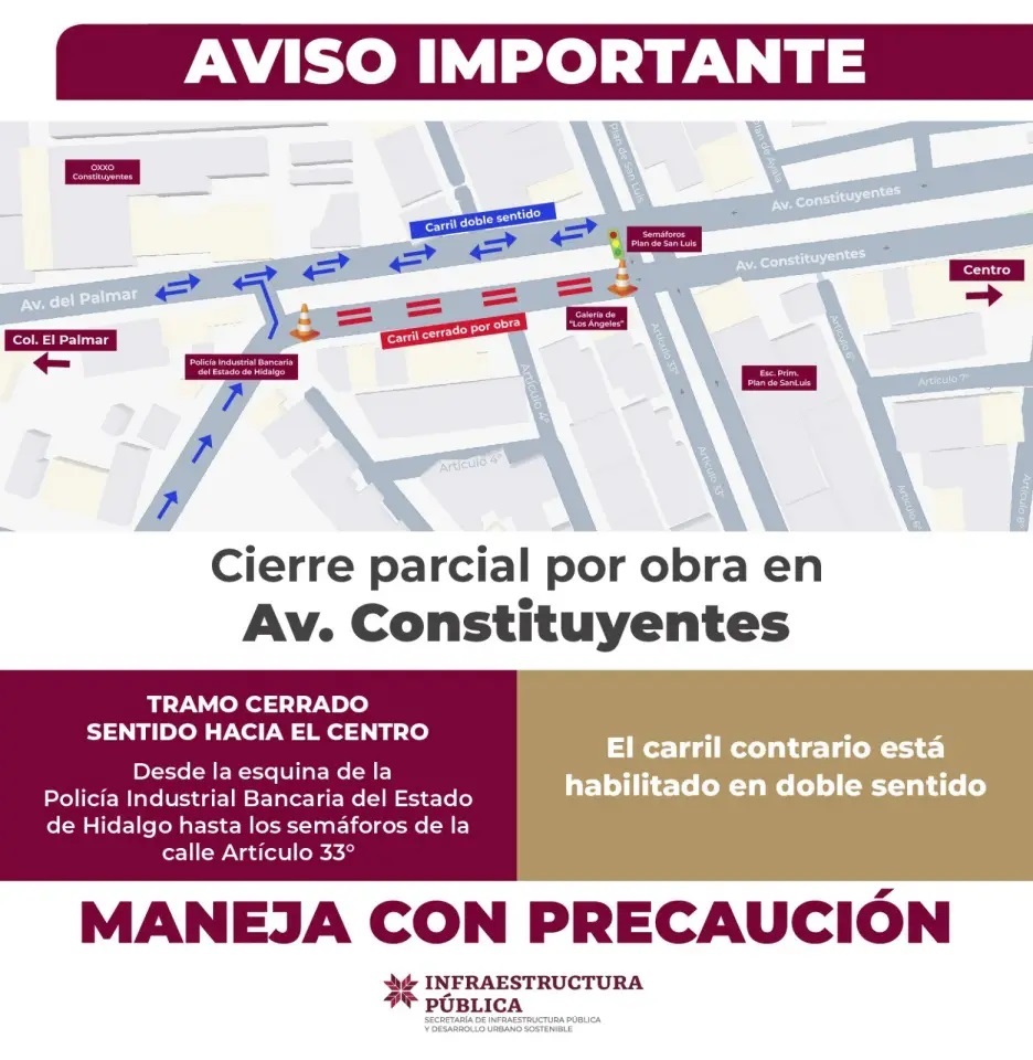 Anuncia SIPDUS Cierre de Carril Por Obras en Avenida Constituyentes de Pachuca