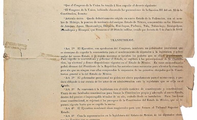 Hoy 157 Aniversario de la Erección del Estado Libre y Soberano de Hidalgo
