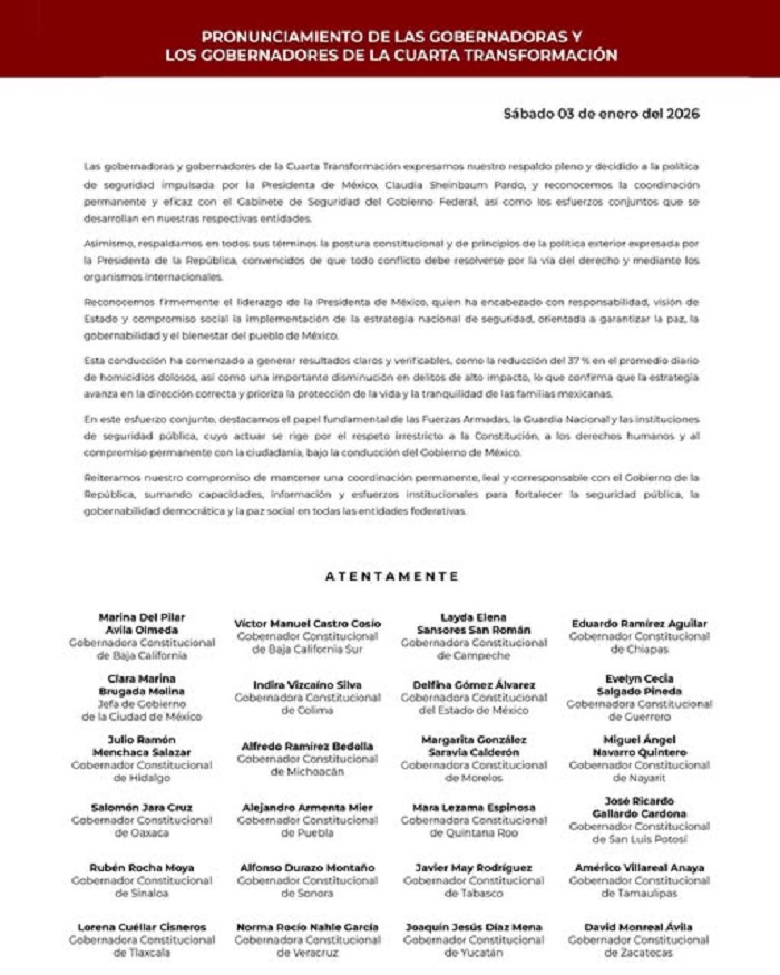 Apoyo de Julio Menchaca y Todos Los Gobernadores de Morena la  Politica de Claudia Sheimbaum Tras la Intervención Militar de Estados Unidos en Venezuela.