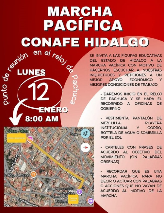 Este Lunes Marcha Pacífica de CONAFE por la Calles de Pachuca