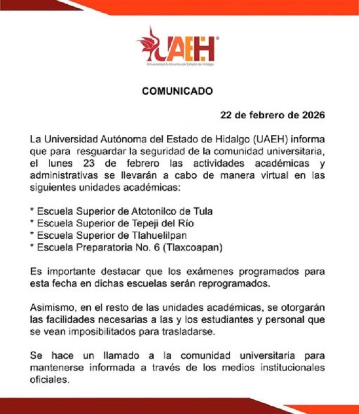 Escuelas Superiores de la Región Tula de la UAEH, Tomarán Clases Virtuales Este 23 de Febrero.