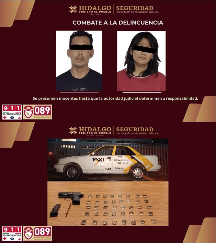 SSPH Asegura a Hombre y una Mujer Tras Robo a Comercio San Miguel Vindho, Municipio de Tula