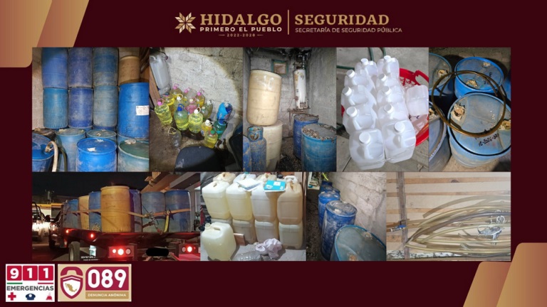 SEDENA, SSPEH; PGJEH Aseguran a un Hombre y una Mujer, Decomisan 5 mil 390 litros de hidrocarburo, 95 contenedores y 17 al Intervenir dos predios en Tulancingo.