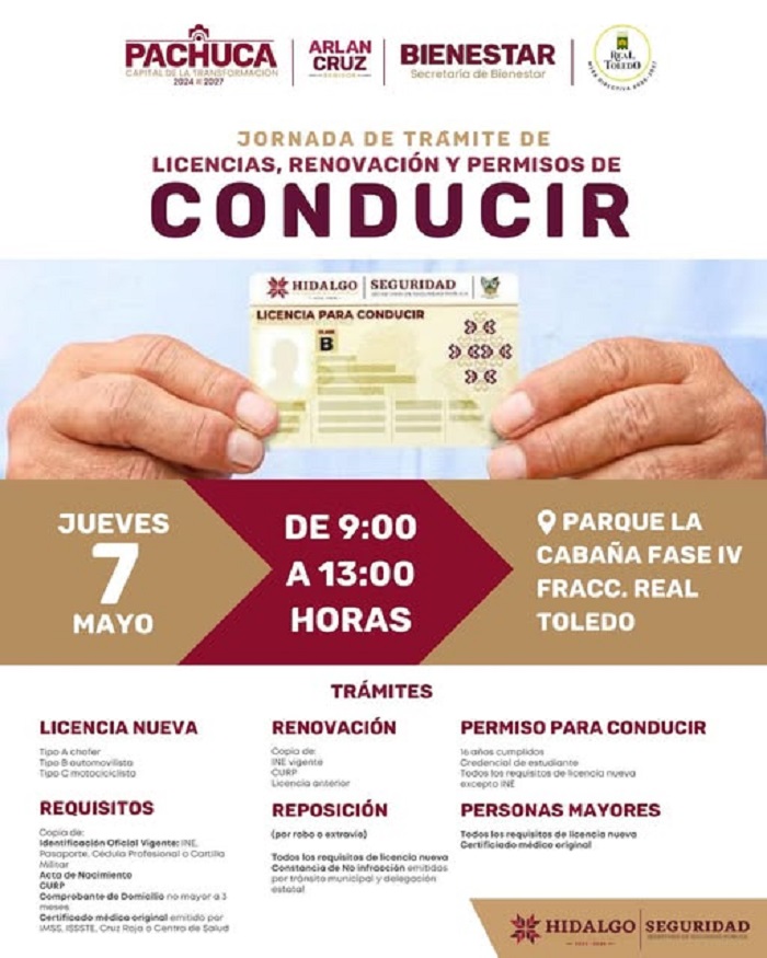 Jornada de Licencias de Conducir Pachuca, Tramite el 7 de Mayo en el Parque La Cabaña del Fraccionamiento Real Toledo