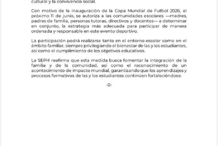 SEPH Autoriza Suspensión de Clases Por El Mundial, de Manera Ordenada y Responsable Sin Descuidar Los Objetivos Educativos