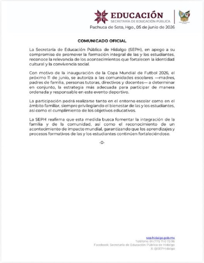 SEPH Autoriza Suspensión de Clases Por El Mundial, de Manera Ordenada y Responsable Sin Descuidar Los Objetivos Educativos