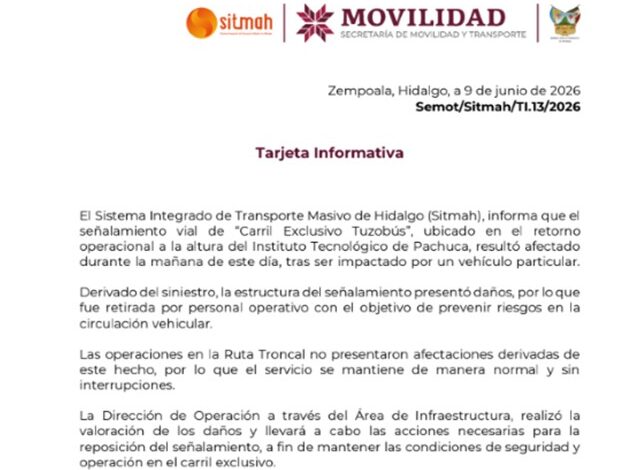 Se impacta vehículo particular en el señalamiento vial de “Carril Exclusivo Tuzobús”, a la altura del Instituto Tecnológico de Pachuca