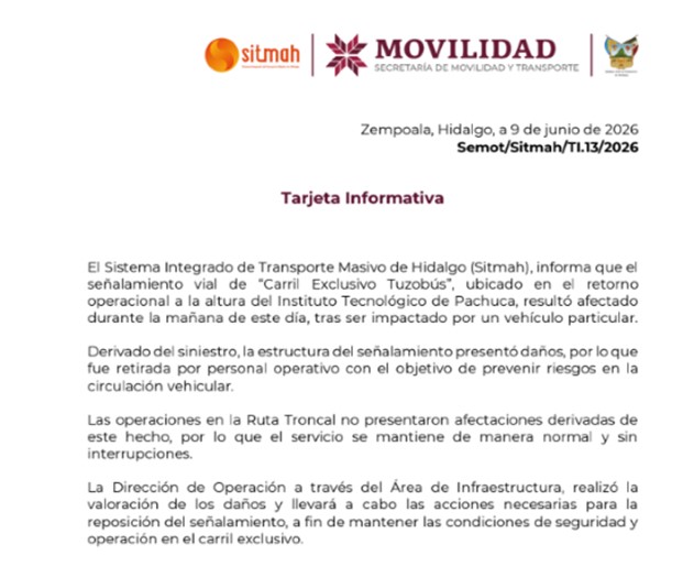Se impacta vehículo particular en el señalamiento vial de “Carril Exclusivo Tuzobús”, a la altura del Instituto Tecnológico de Pachuca