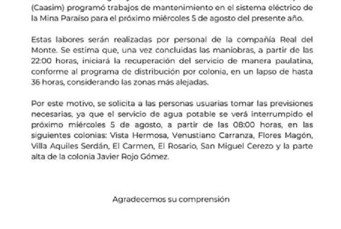 8 Colonias de Pachuca se Quedarán Sin Servicio de Aguja Potable el 5 de Agosto