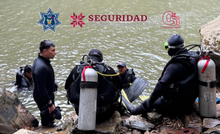 Labores de búsqueda y rescate del cuerpo en una presa en la comunidad de Carpinteros Norte, en San Agustín Metzquititlán.