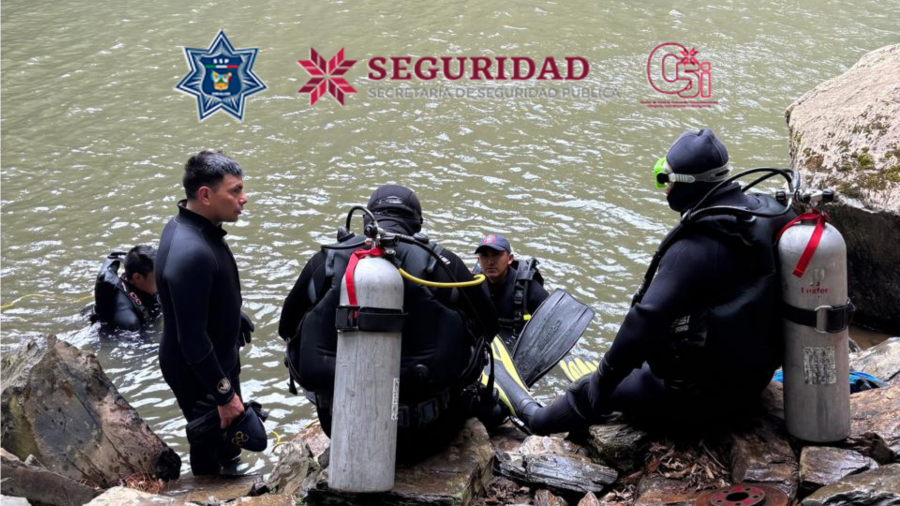 Labores de búsqueda y rescate del cuerpo en una presa en la comunidad de Carpinteros Norte, en San Agustín Metzquititlán.
