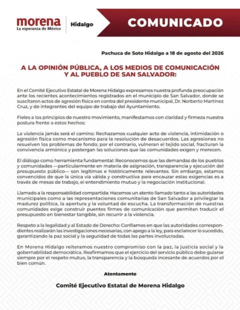Condena Morena los Actos de Violencia Contra el Presidente Municipal de San Salvador, Norberto Martínez