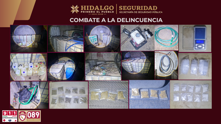 SSPH asegura 7 mil 500 litros de hidrocarburo ilegal y desmantela punto de venta de narcóticos en Tula de Allende