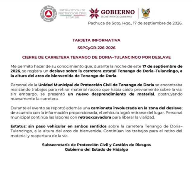 Cierre de Carretera Tenango de Doria–Tulancingo Por Deslave