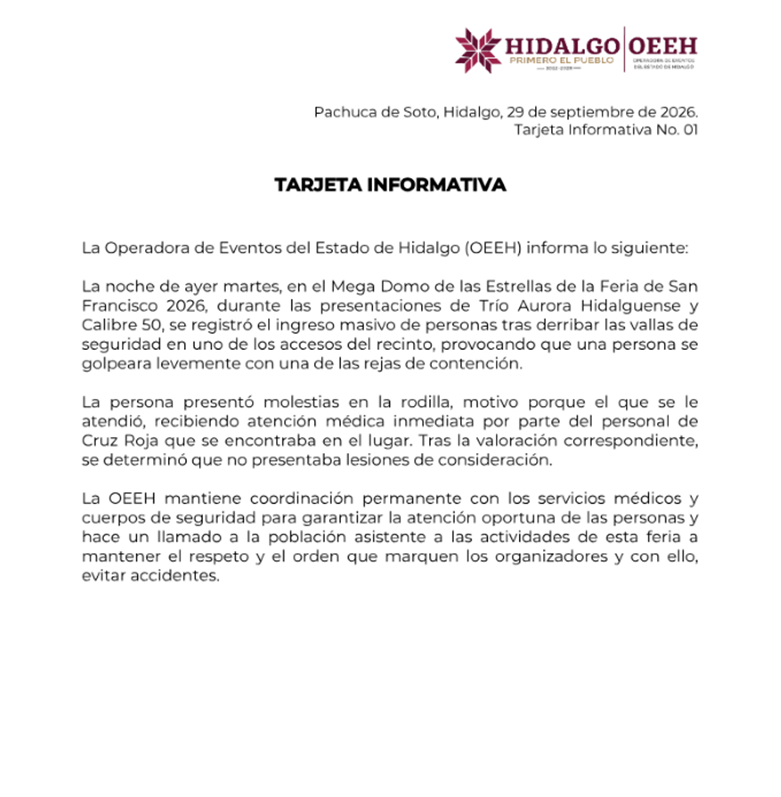 La Operadora de Eventos del Estado de Hidalgo (OEEH) informa lo siguiente: