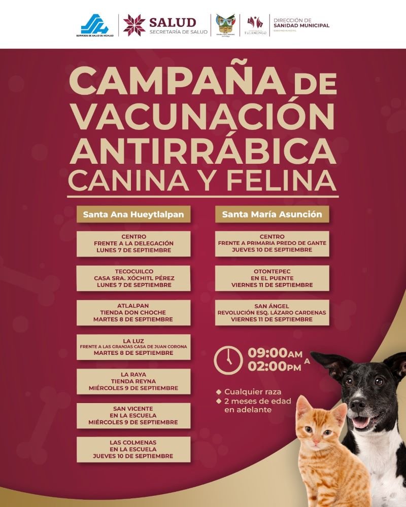 Vacunación antirrábica en Santa Ana Hueytlalpan y Santa María Asunción, del 7 al 11 de septiembre