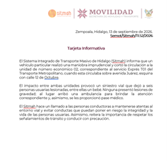 Semot informa sobre el siniestro vial registrado sobre avenida Juárez, esquina con calle 12 de octubre