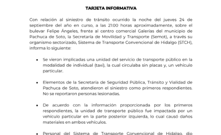 Tarjeta informativa respecto al percance en el bulevar Felipe Ángeles en Pachuca