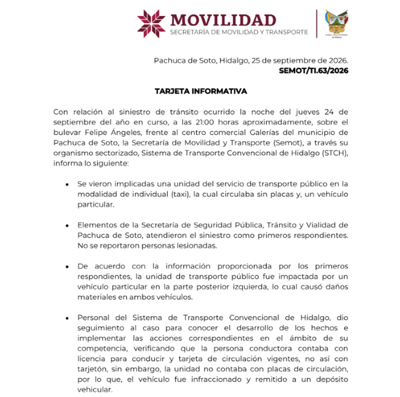 Tarjeta informativa respecto al percance en el bulevar Felipe Ángeles en Pachuca
