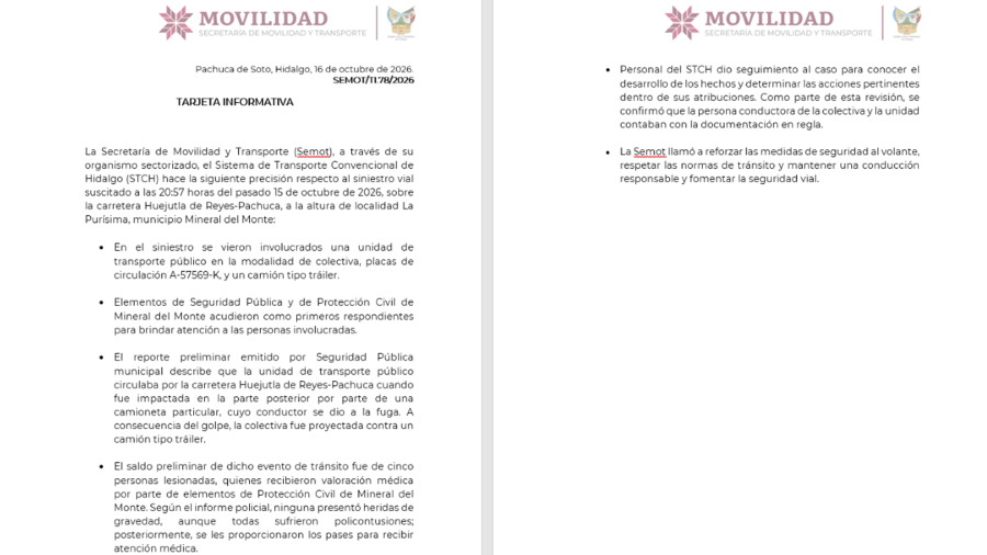 Reporte preliminar sobre un accidente suscitado en la carretera Huejutla-Pachuca donde se vio involucrada una colectiva que terminó proyectada contra un tráiler.