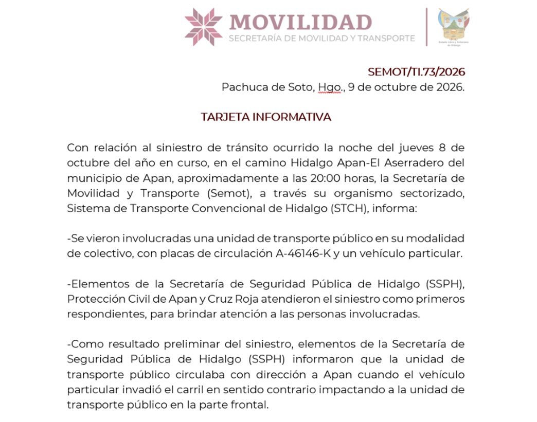 Siniestro de tránsito en el camino Hidalgo Apan-El Aserradero, municipio de Apan.