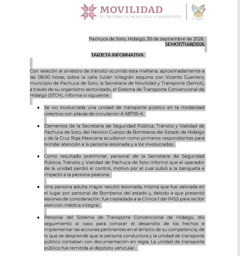 Tarjeta informativa respecto al incidente que involucra a una unidad del Sistema de Transporte Convencional, en el centro de Pachuca